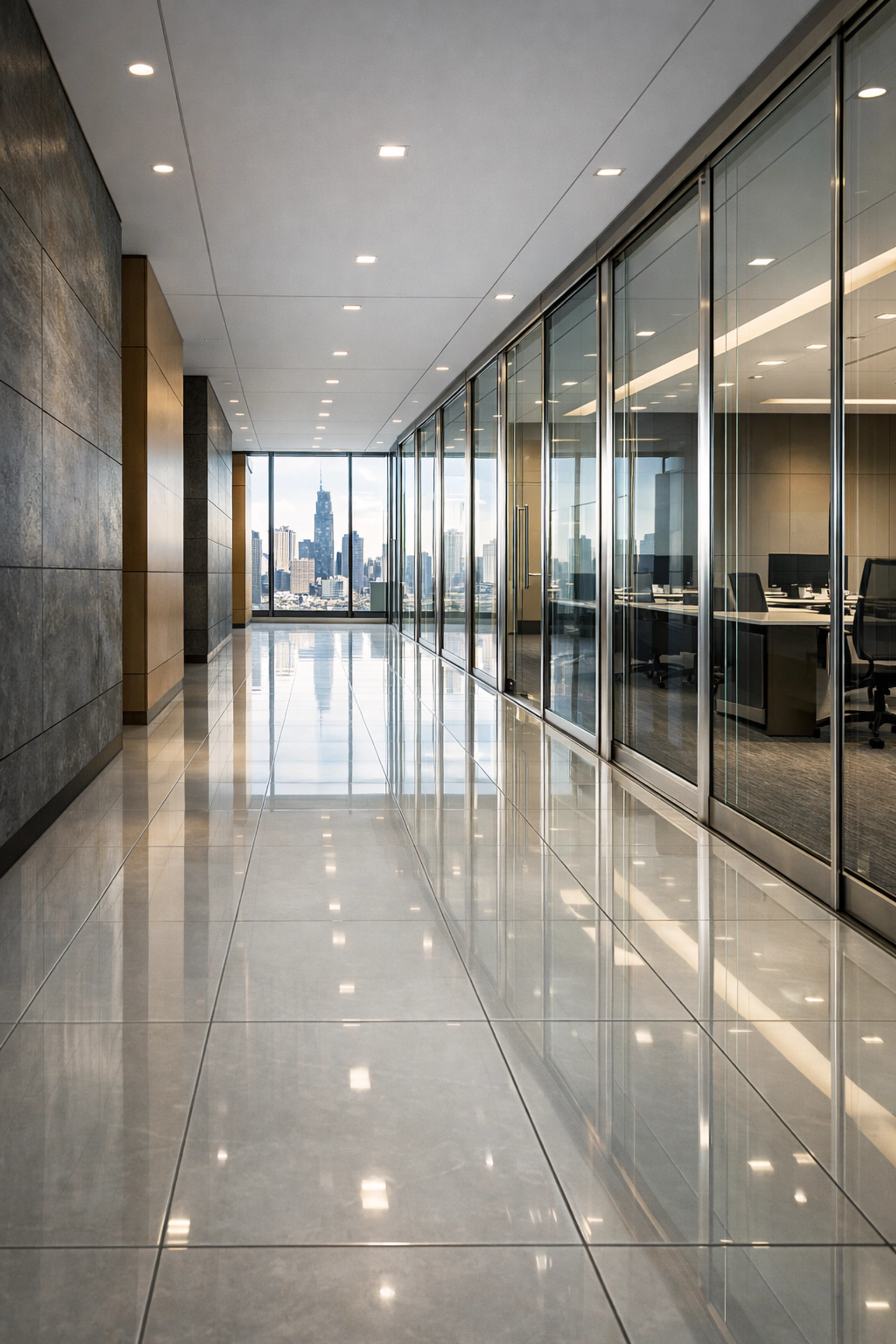 Polished reflective floors in a clean Chicago skyscraper hallway showing professional commercial cleaning standards.