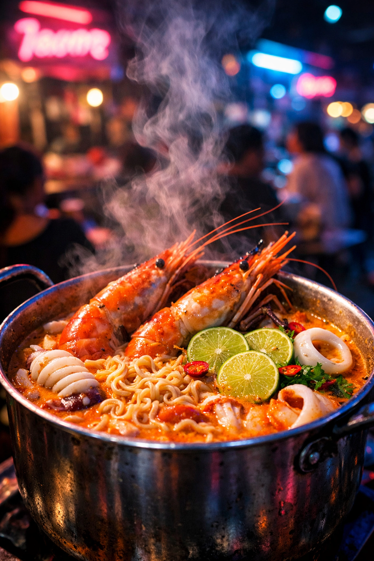Spicy Tom Yum Mama seafood noodles served late-night in a vibrant Bangkok alleyway.