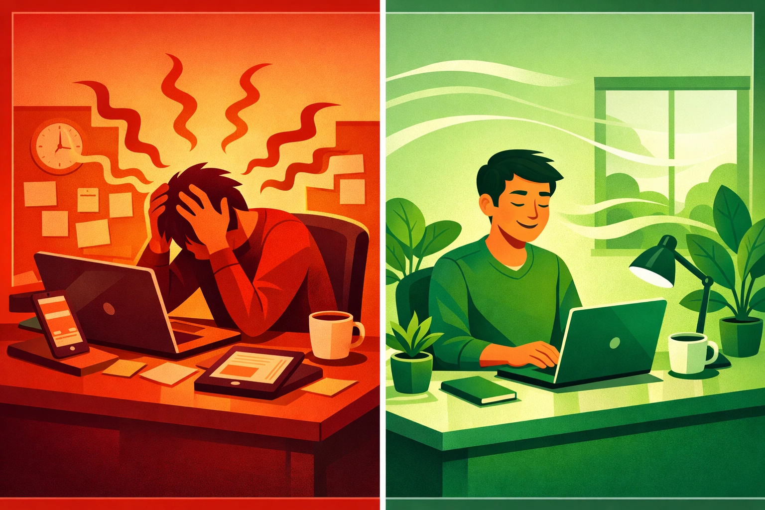 Employee experiencing workplace stress from AI tools versus calm sensory-aware workspace environment