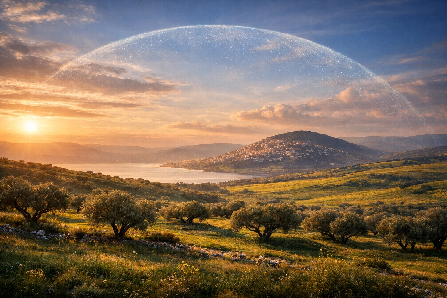 A peaceful landscape of the Galilee hills in Northern Israel under a protective golden glow.