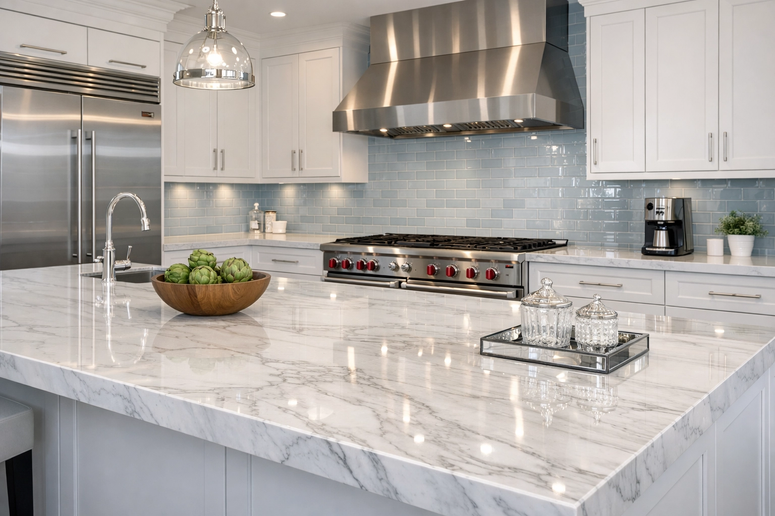 Spotless gourmet kitchen in Newton featuring a deep cleaning on marble countertops and stainless steel appliances.