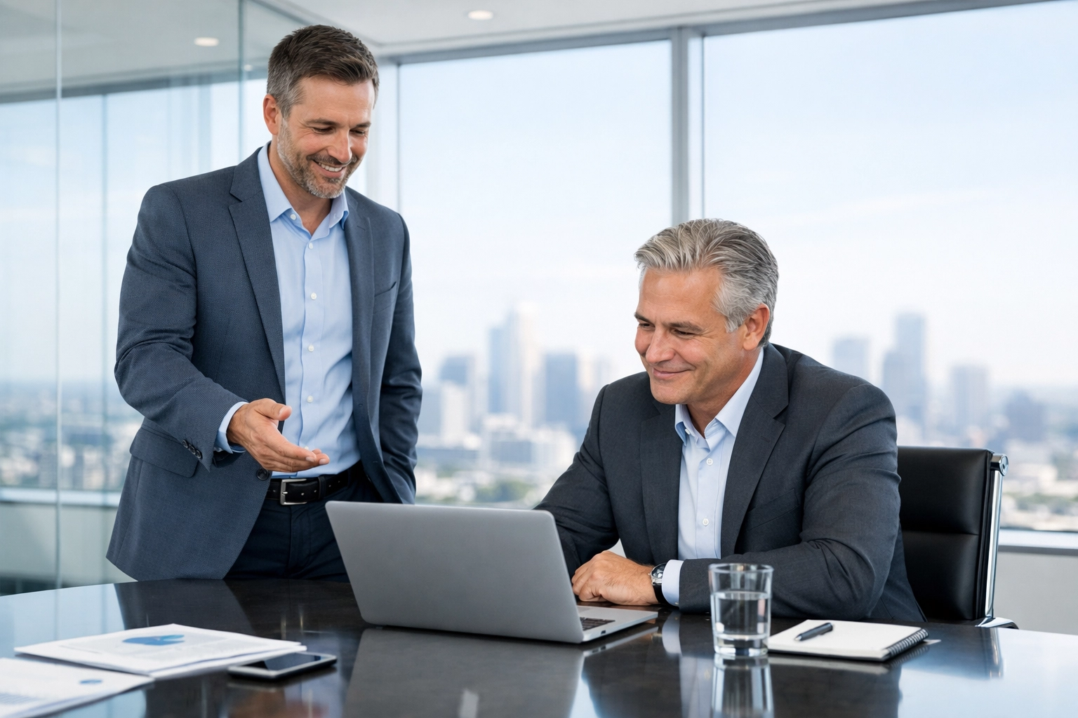 IT Director presenting ServiceNow ITAM ROI and hardware cost savings to a business executive in a boardroom.