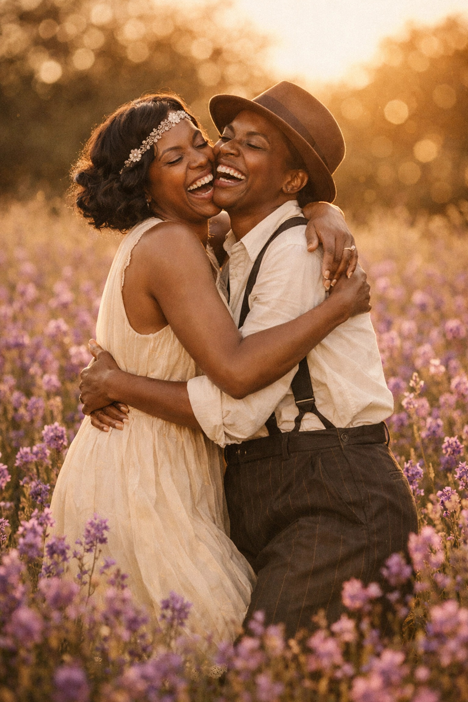 Black lesbian couple celebrating joy and freedom in The Color Purple inspired scene