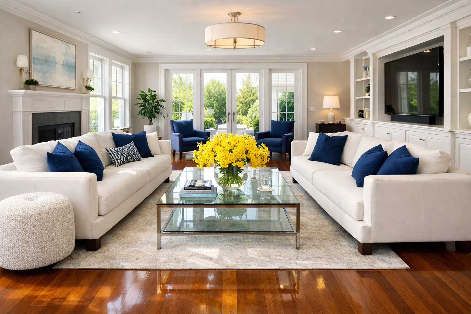 Professional house cleaning Wayland MA service showing a sparkling clean luxury living room with hardwood floors.