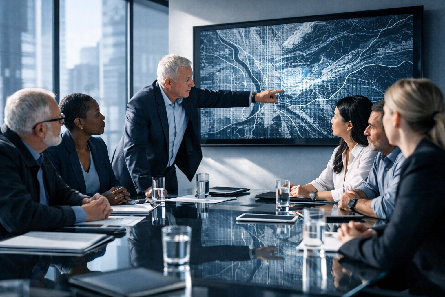 Community leaders meeting in a modern briefing room to coordinate a local disaster response plan.