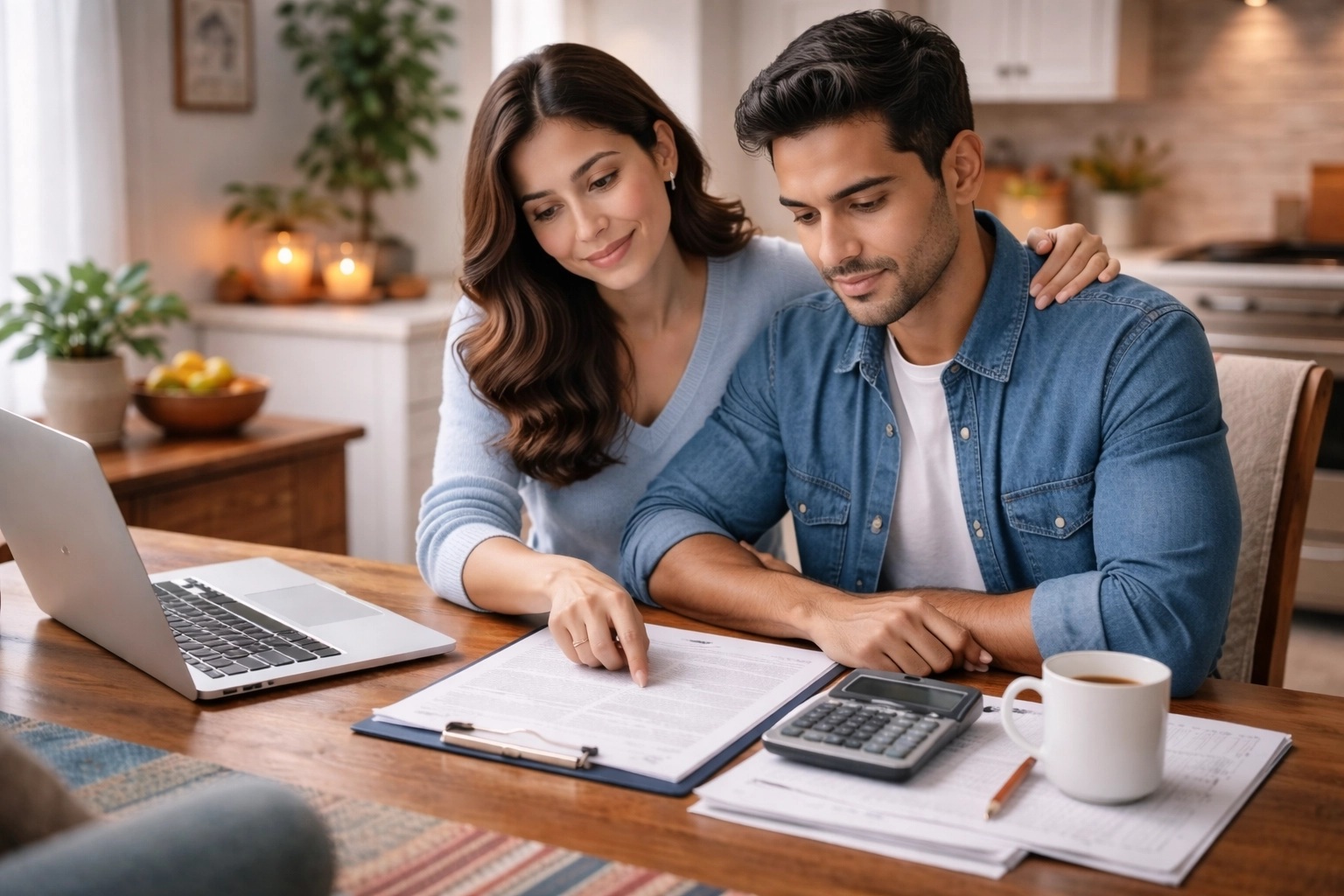 Texas family managing child support finances at home with documents and a laptop on kitchen table