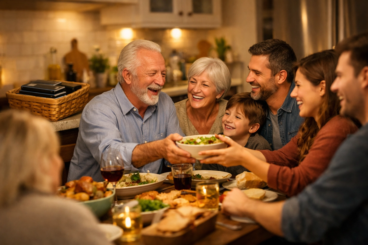 Family enjoying phone-free dinner time with devices stored away from table