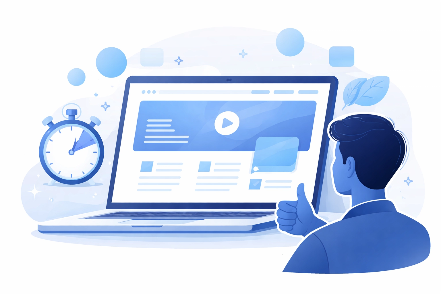 Illustration of a user examining a professionally designed website on a laptop, highlighting strong first impressions in web design