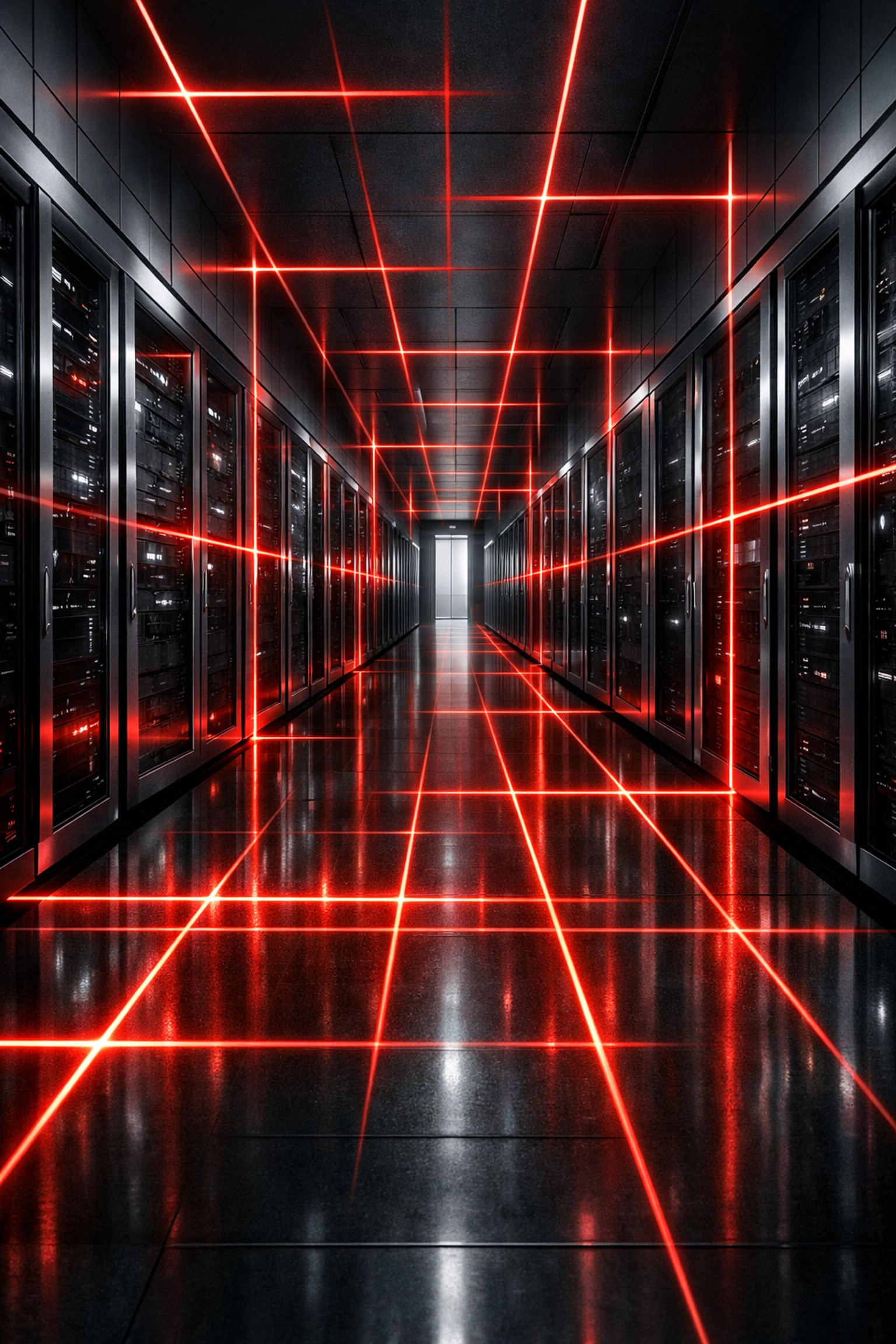 Geometric laser grid in a server room representing advanced schema and technical small business website design.