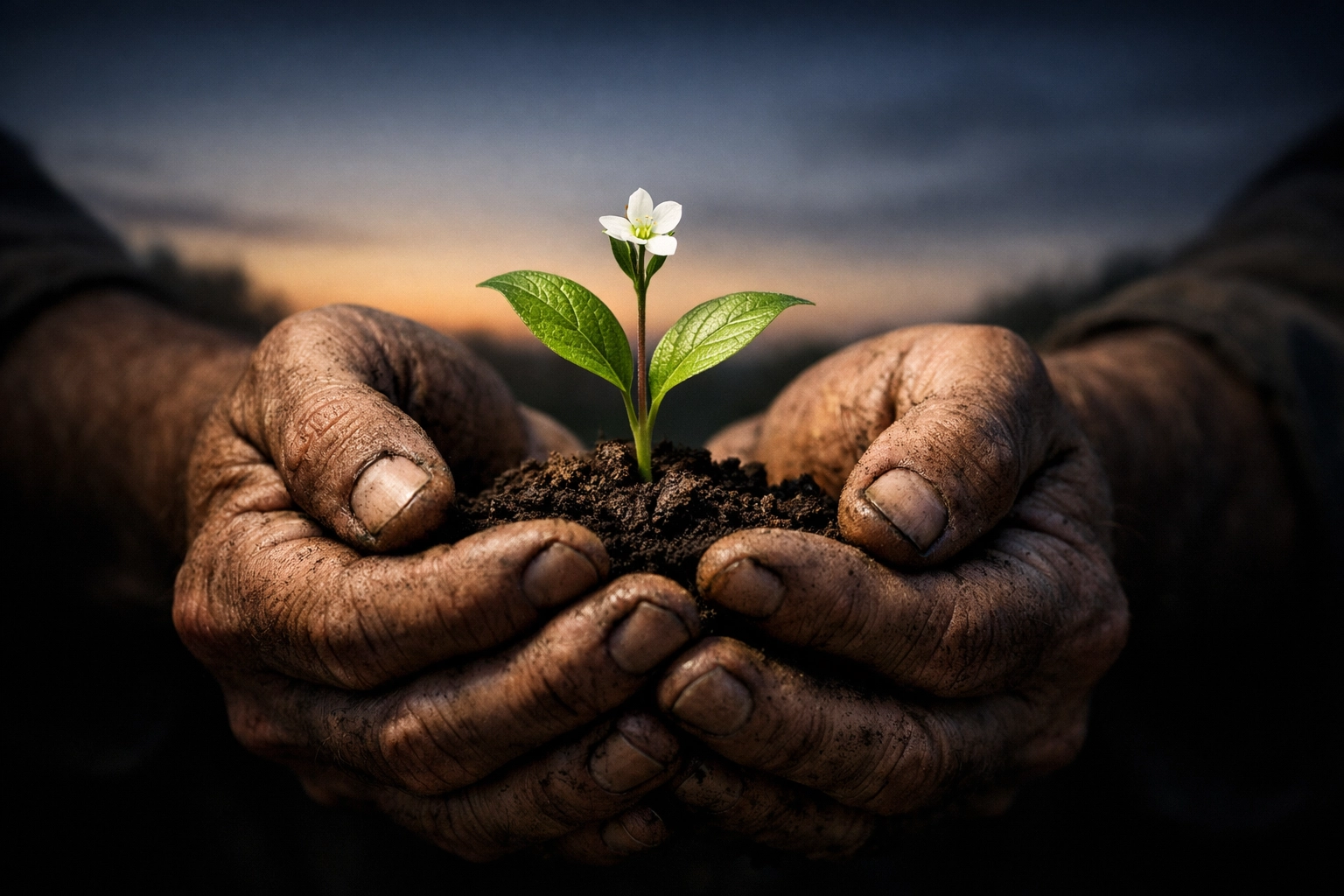 Strong hands holding a delicate seedling, reflecting the kindness and humility of Chuck Norris's character.