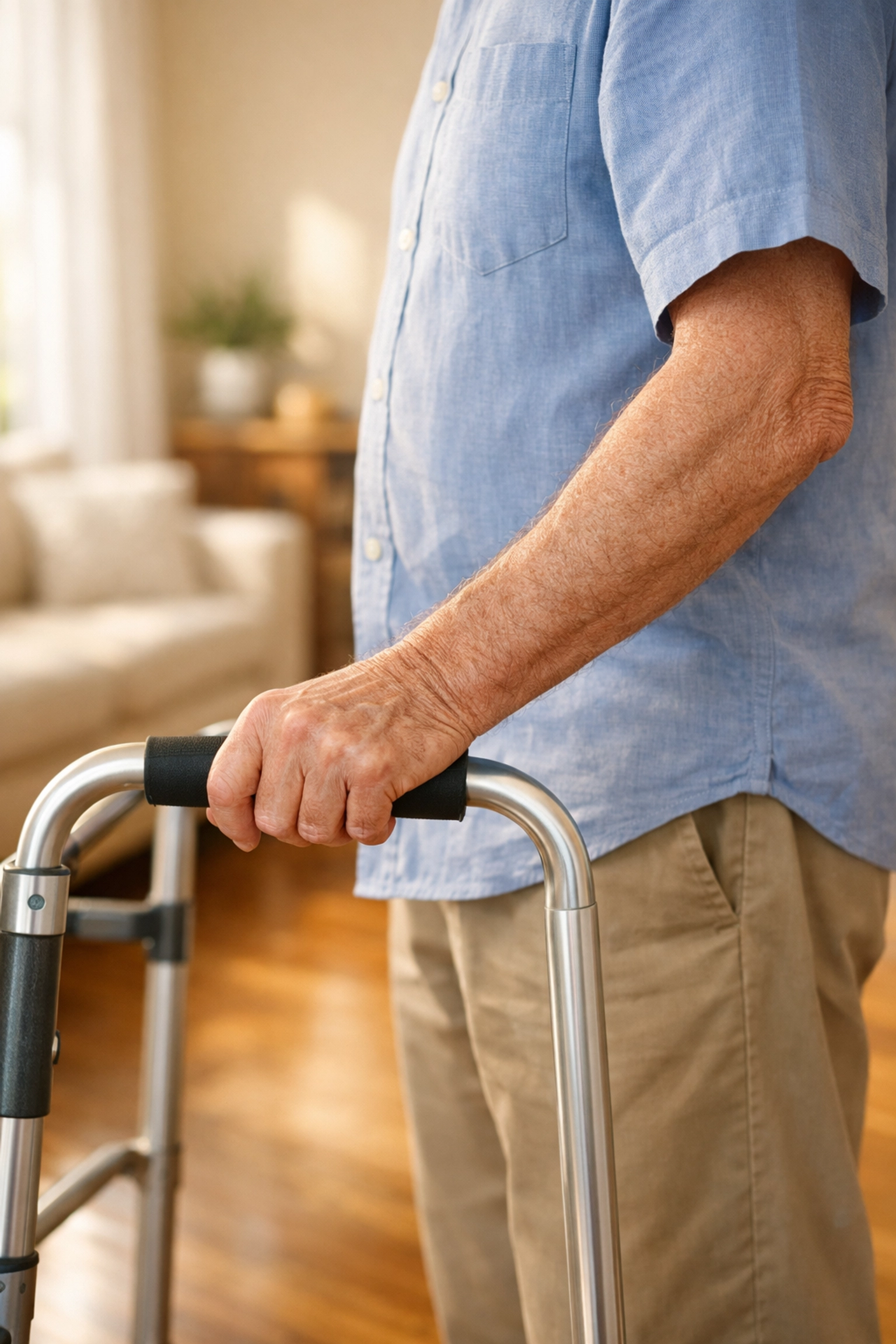 Elderly man demonstrating correct walker height with wrist-level grip and slight elbow bend.