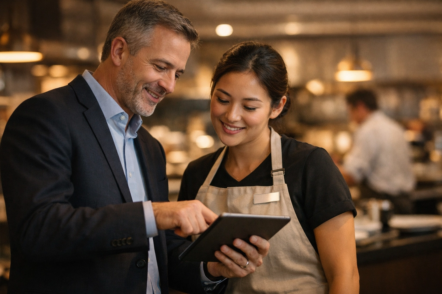 Hospitality leadership mentoring staff on using digital tools to enhance the guest service experience.