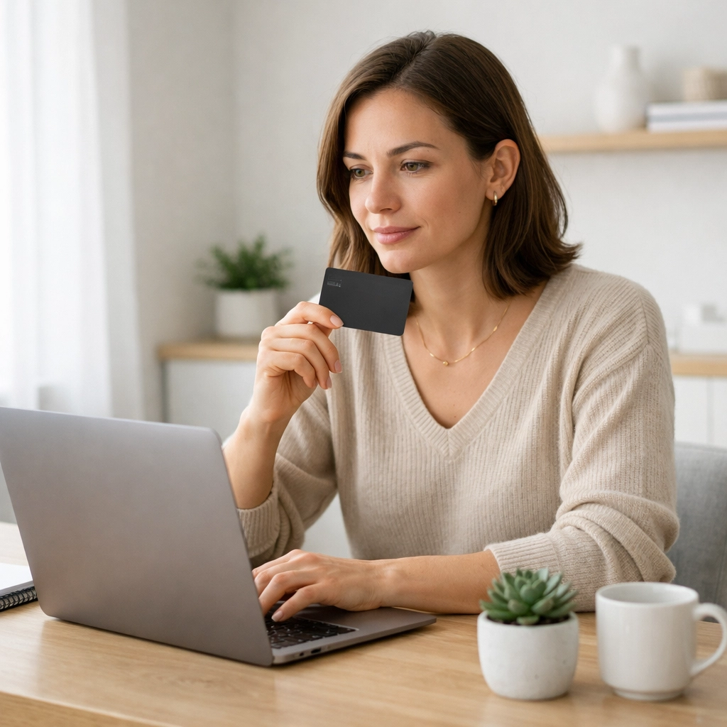 A young professional in a modern office applying for a secured credit card Canada to rebuild their credit score.