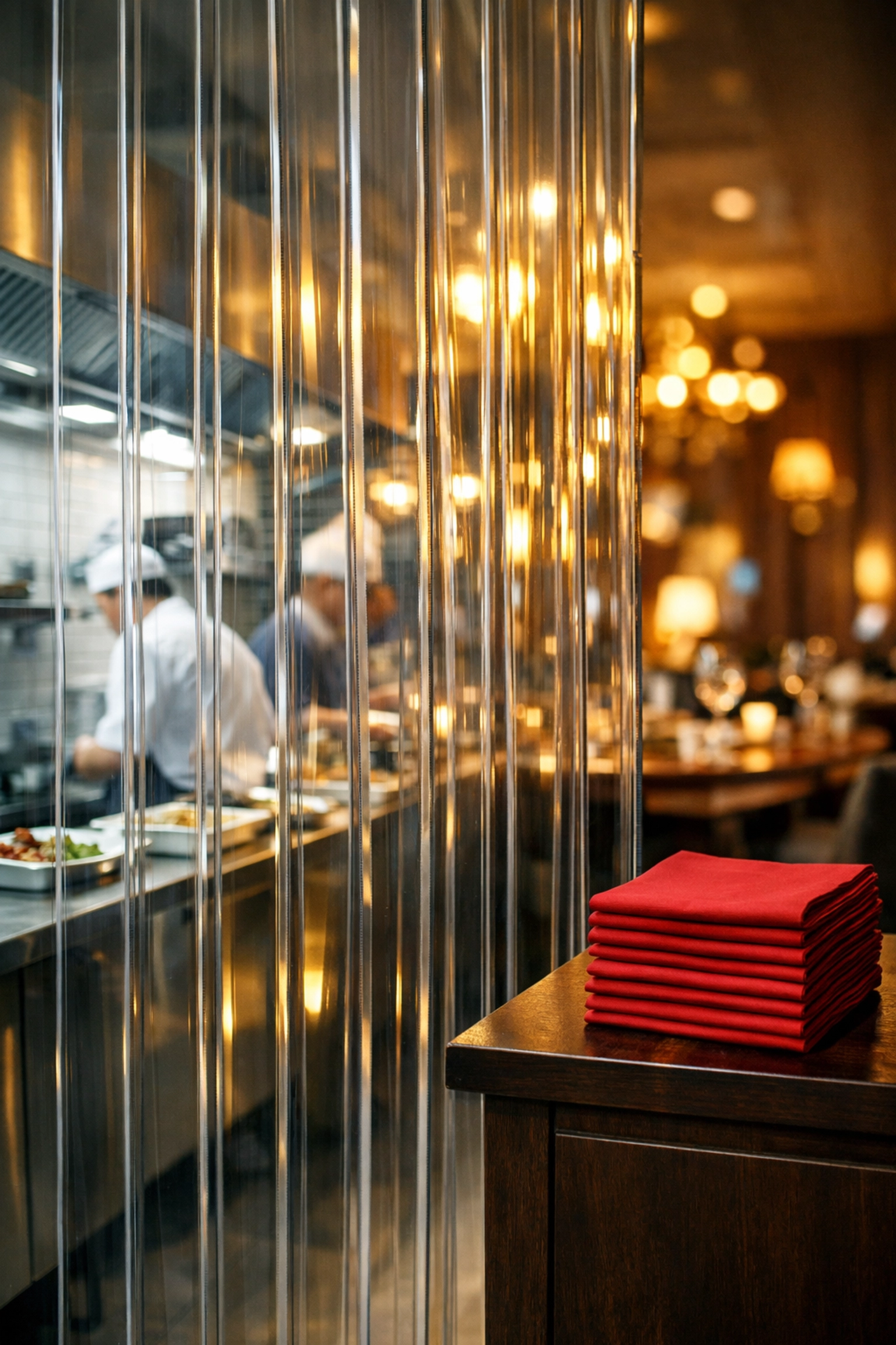 Clear restaurant strip curtains acting as a hygienic barrier between a busy kitchen and dining area.