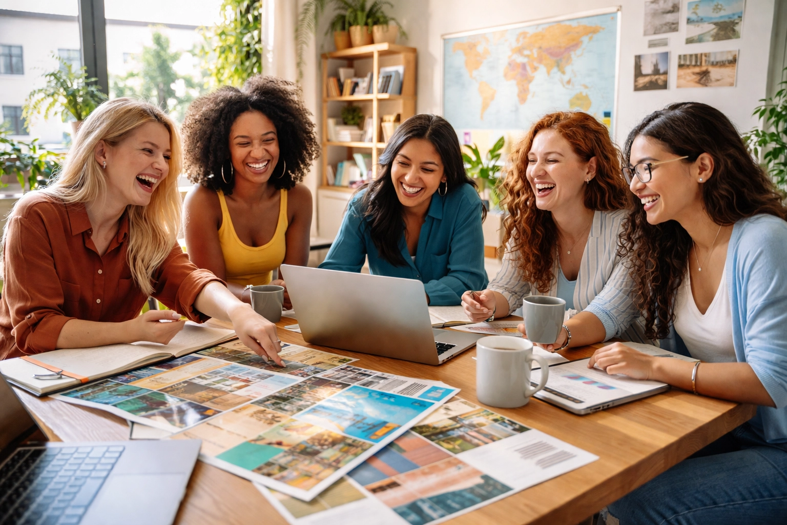 Group of women collaborating on travel planning at a lively coworking space, showing supportive community for moms.