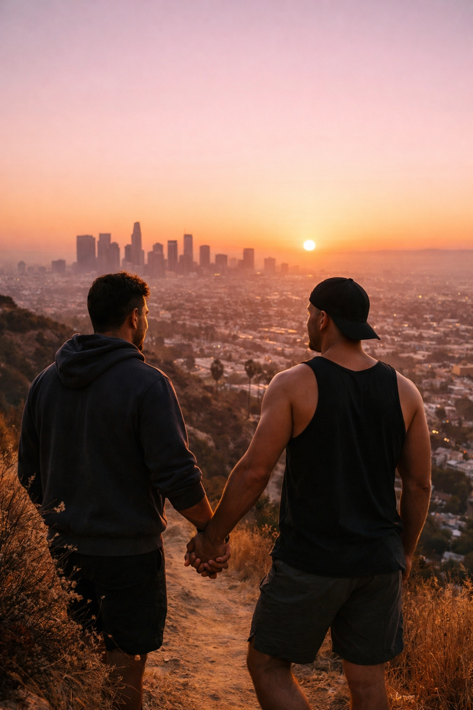 Gay couple holding hands while hiking above Los Angeles at sunrise