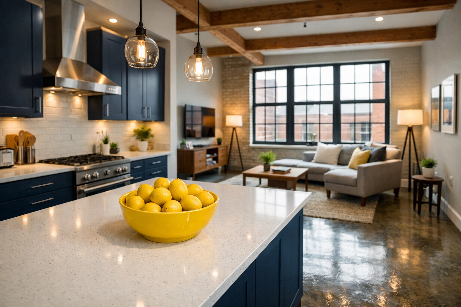 Modern minimalist kitchen in Maynard apartment meticulously maintained by MetroWest cleaning services.