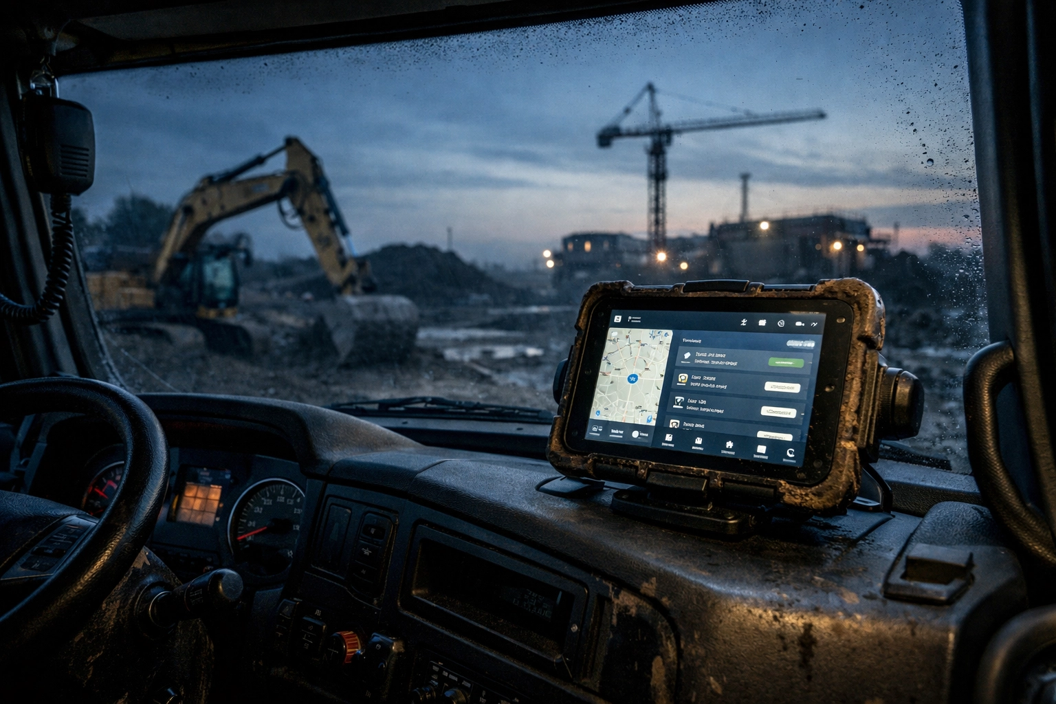 A tablet in a hydrovac truck cab displaying the HydroVacFinder online booking and directory interface.