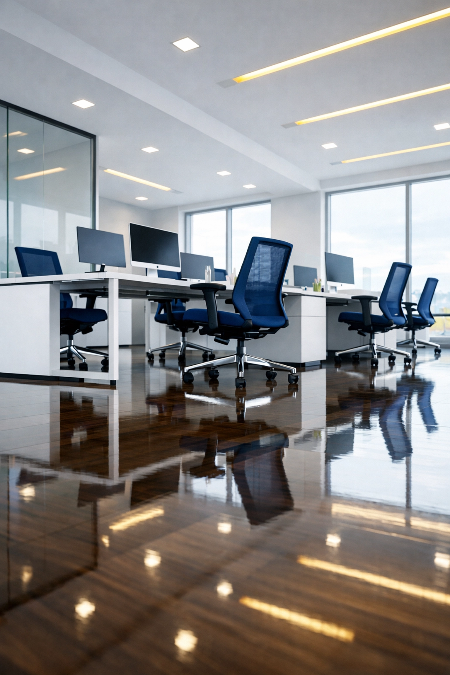 Sanitized office in Winchendon MA featuring polished surfaces from professional commercial cleaning in a local workspace.