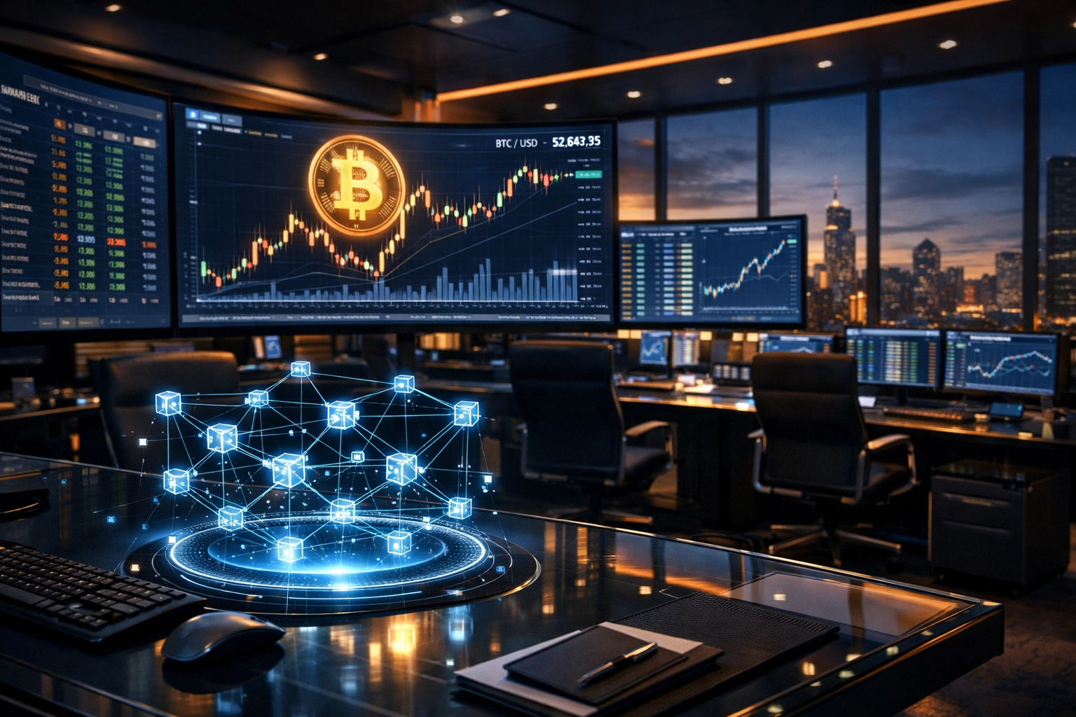 Institutional trading floor displaying Bitcoin charts alongside traditional stock market data
