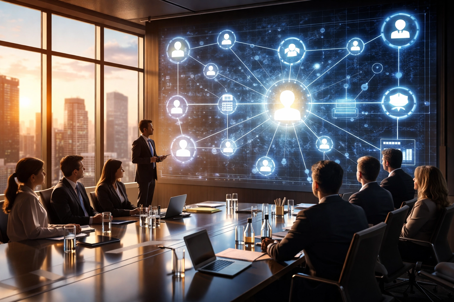 Executives in a boardroom review a talent pipeline presentation with city skyline views