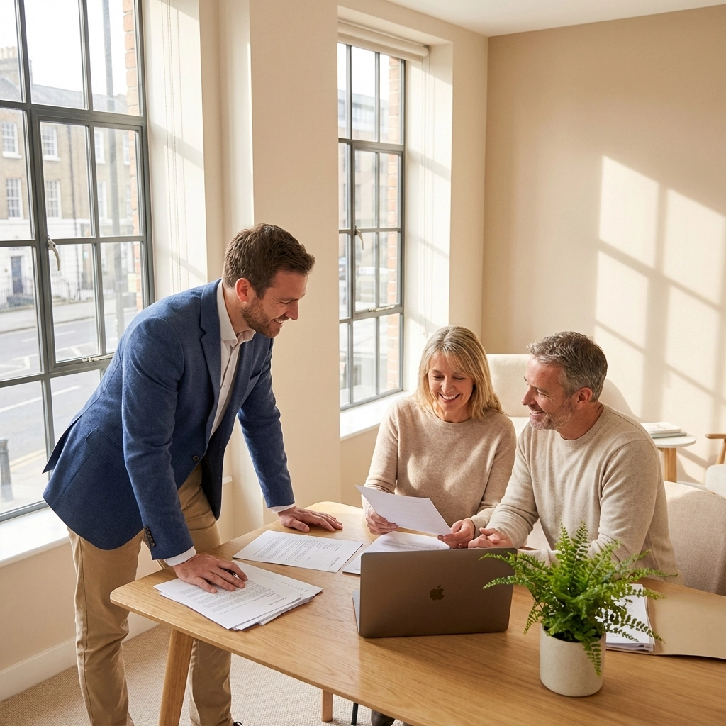 Solicitor reviewing remortgage documents with homeowners in a bright modern office setting