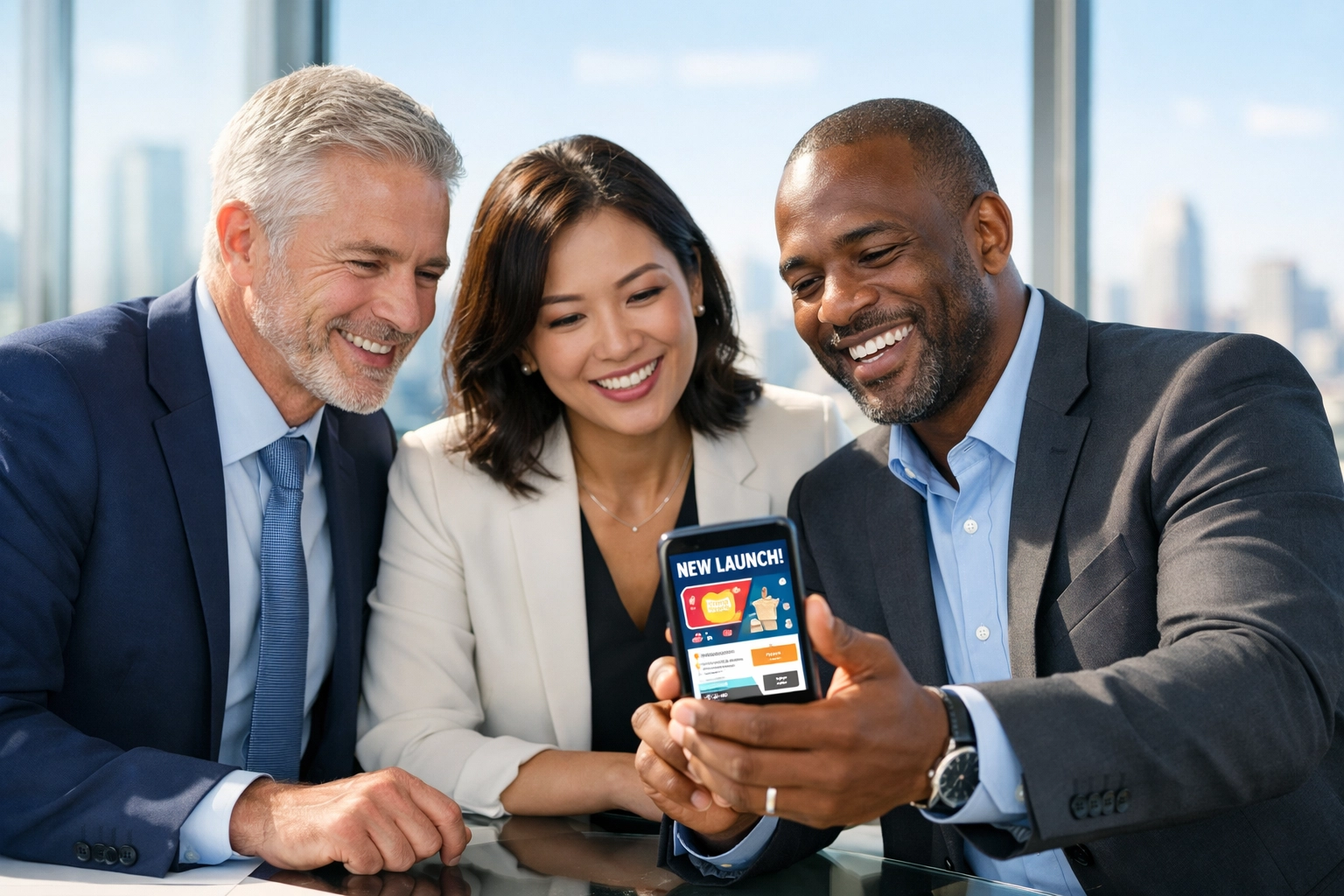 Executives reviewing a Super Bowl brand ambassador digital campaign in a modern office.