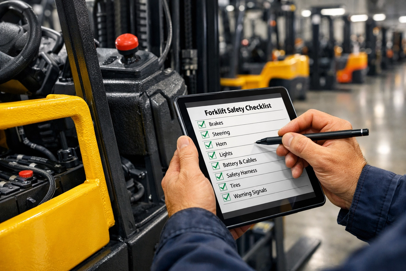 Warehouse technician using a tablet to conduct a safety inspection on an electric forklift.