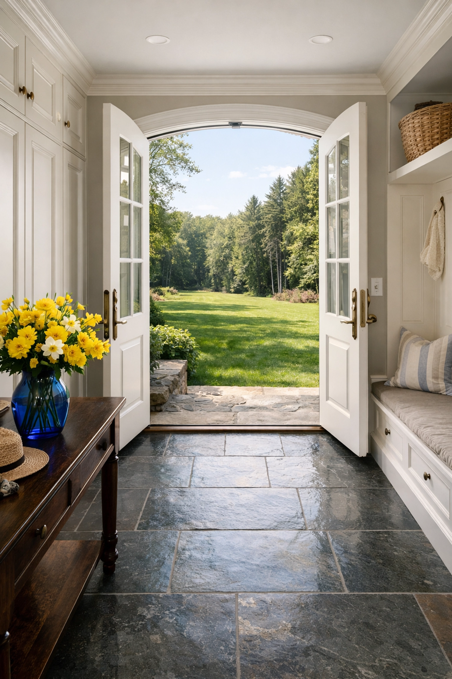 Pristine Dover estate entryway featuring polished slate floors and a view of local Massachusetts woodlands.