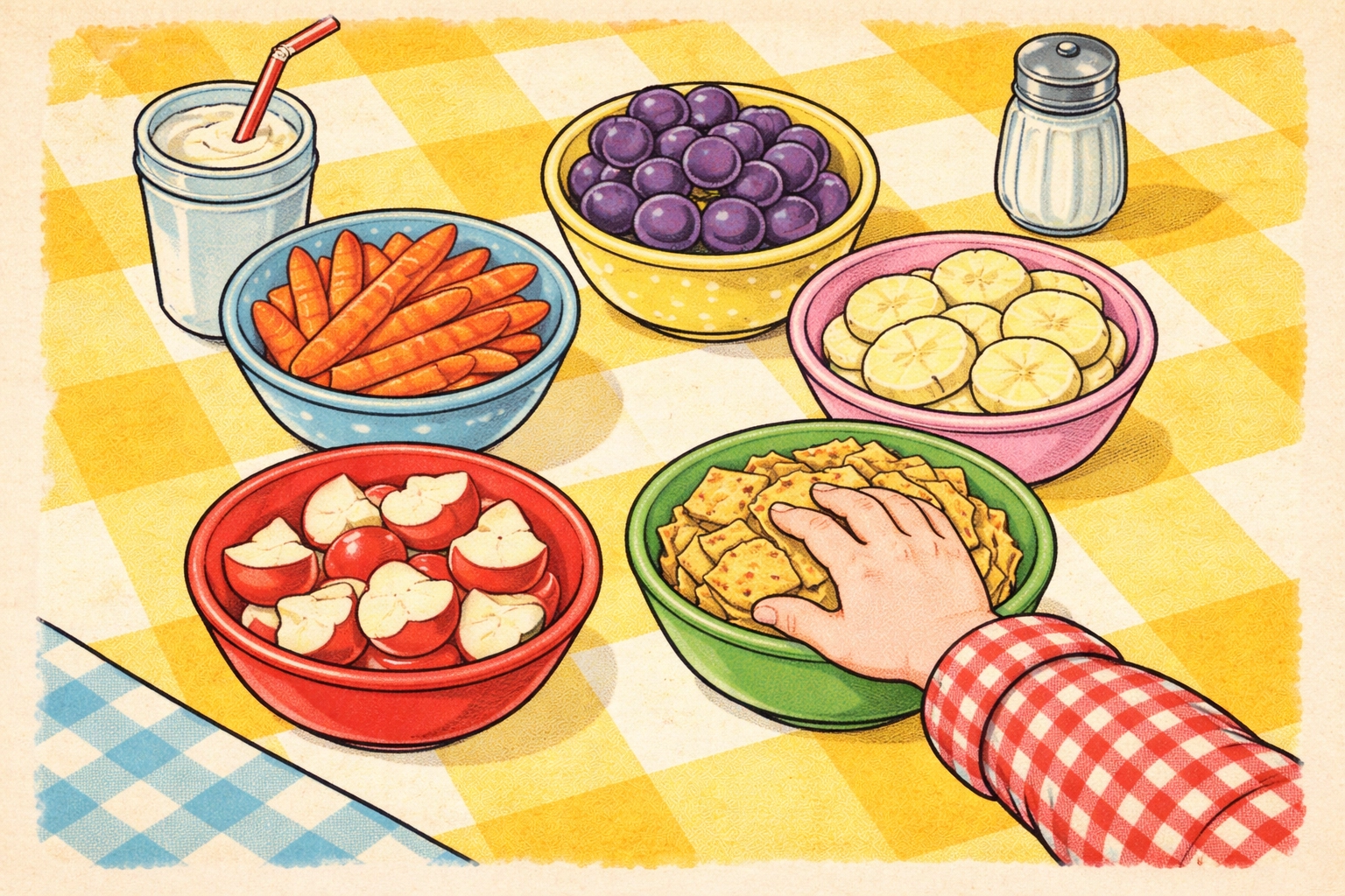 Cartoon overhead of kitchen table with bowls of carrots, grapes, banana slices, apples, crackers, and a child's hand reaching in