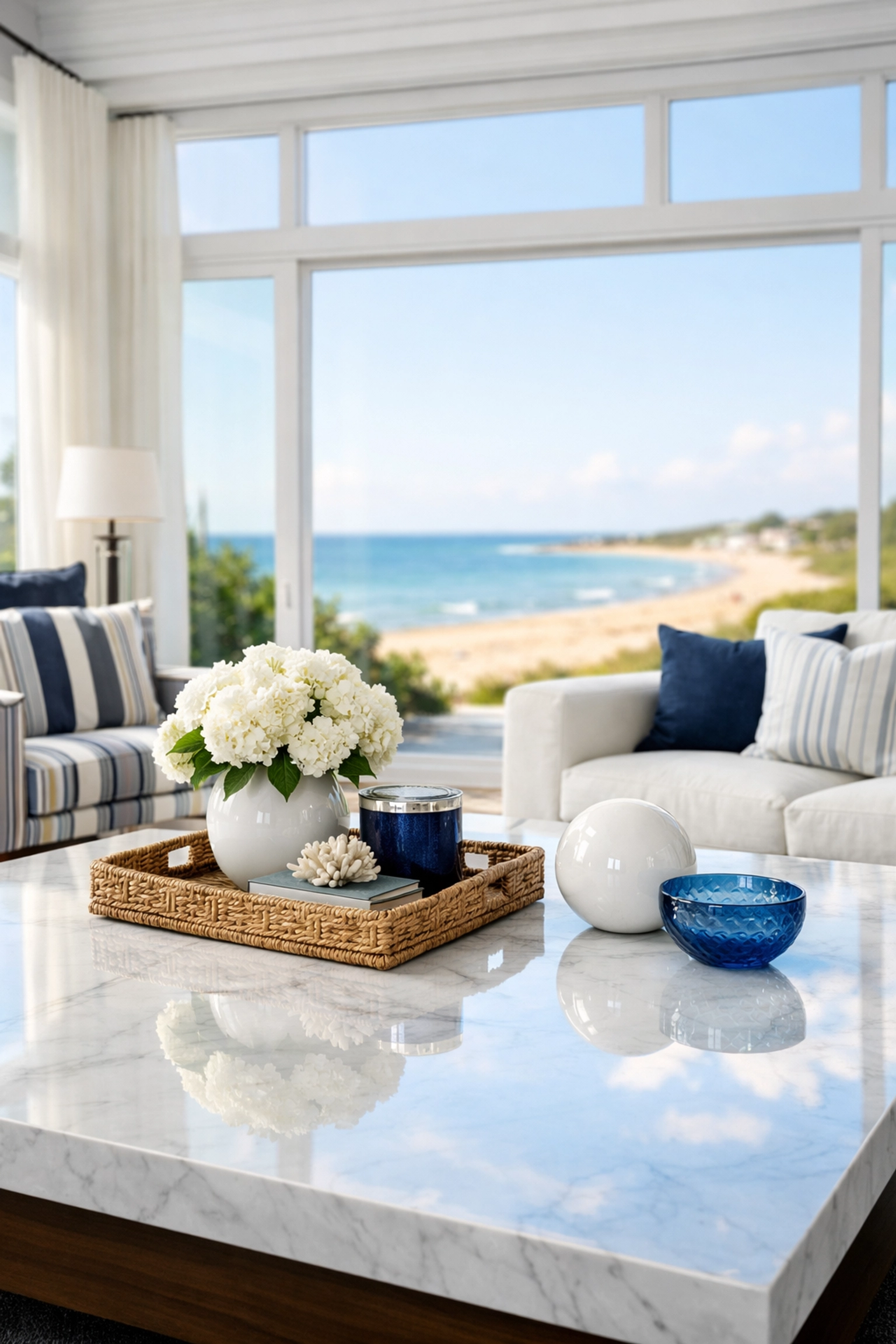 Dust-free Osterville living room with Cape Cod beach views after a weekly house cleaning.