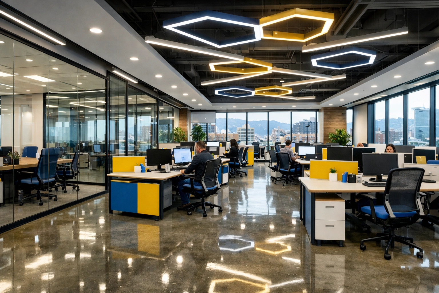 Modern Medford office with polished floors and glass partitions, professionally cleaned and organized.