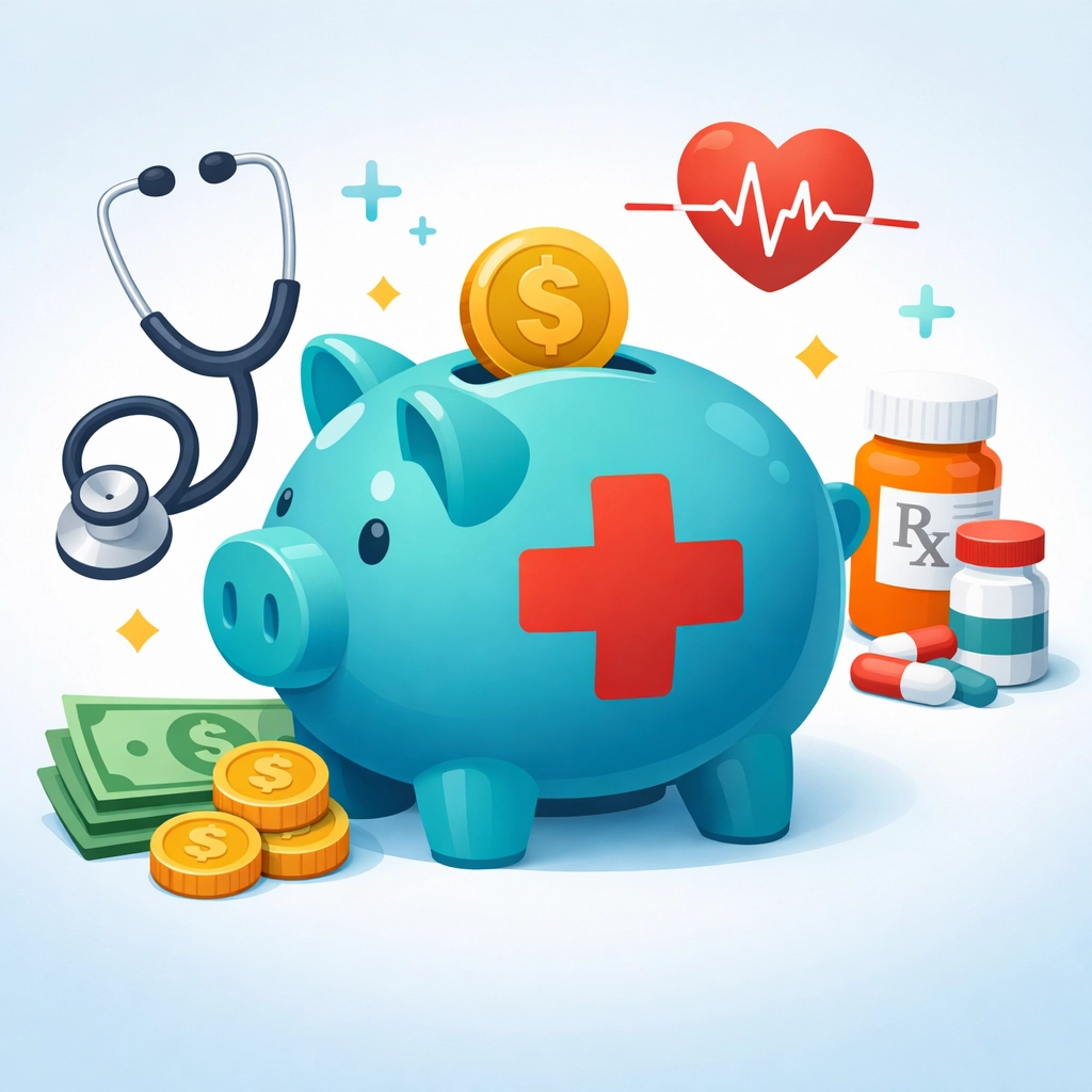 Health Savings Account piggy bank with medical symbols representing tax-deductible HSA contributions