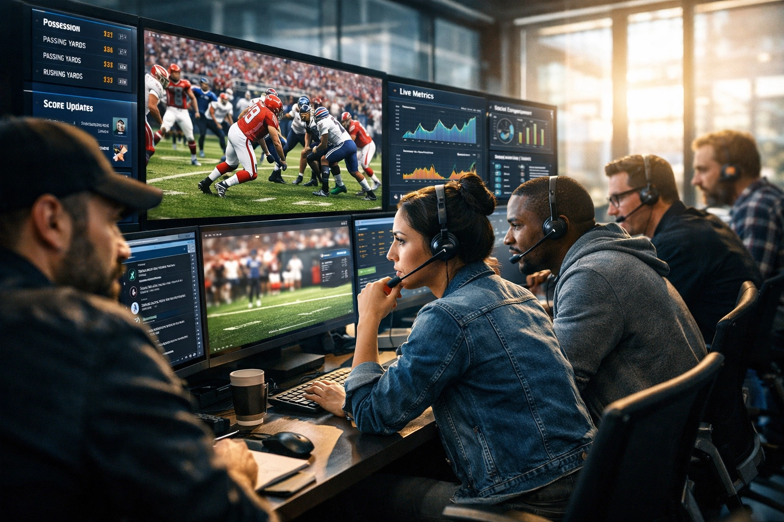 Marketing professionals analyze real-time sports data in a media war room for Super Bowl branding strategy.