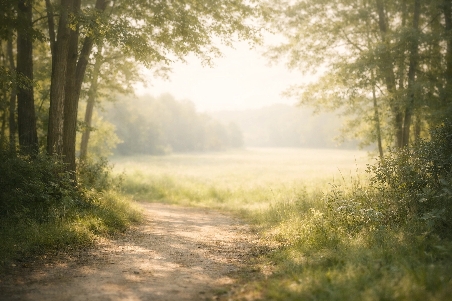 Sun-dappled forest path opening into a wide, bright clearing