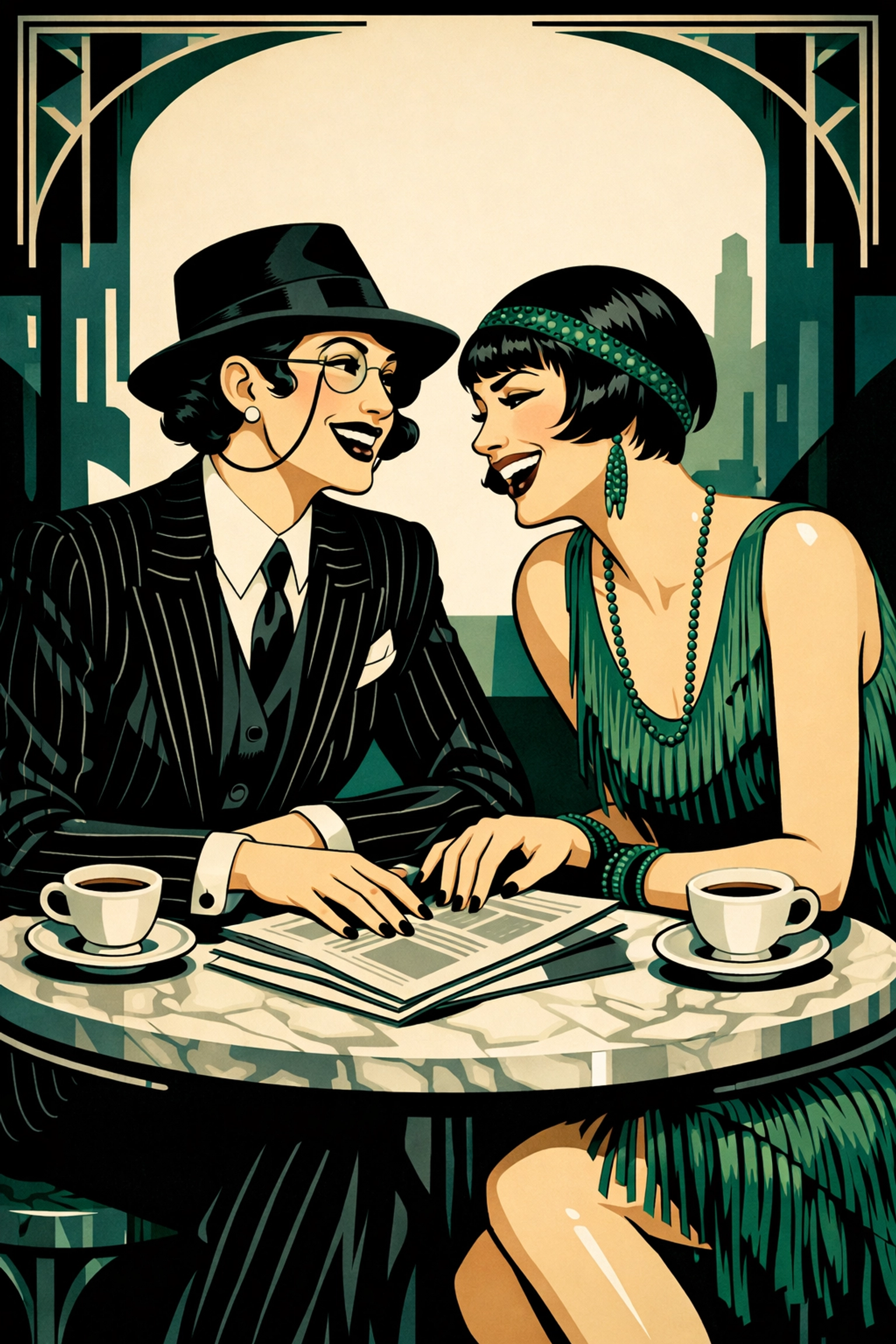 Two stylish women at a 1920s Berlin cafe, reflecting the joy and history of lesbian love stories.