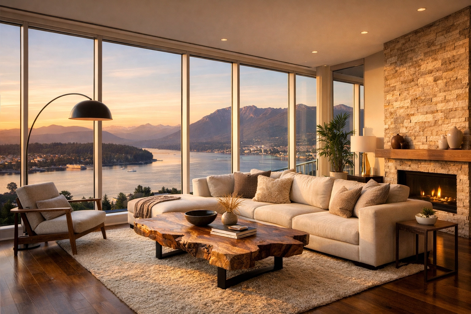 Professional photography of a luxury Vancouver penthouse living room with mountain views and high-end furniture.