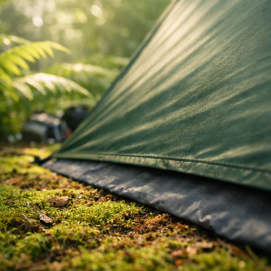 Tucked groundsheet under a green tarp for a dry camping adventure uk in a mossy forest.