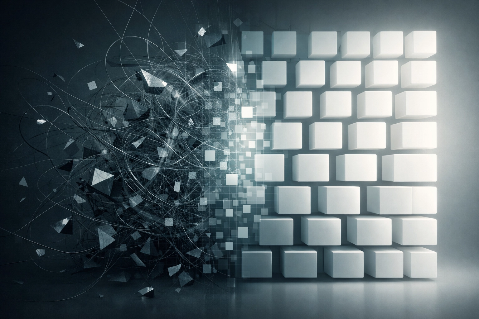 Abstract visualization of transitioning from chaotic shadow AI to a structured and governed AI framework.