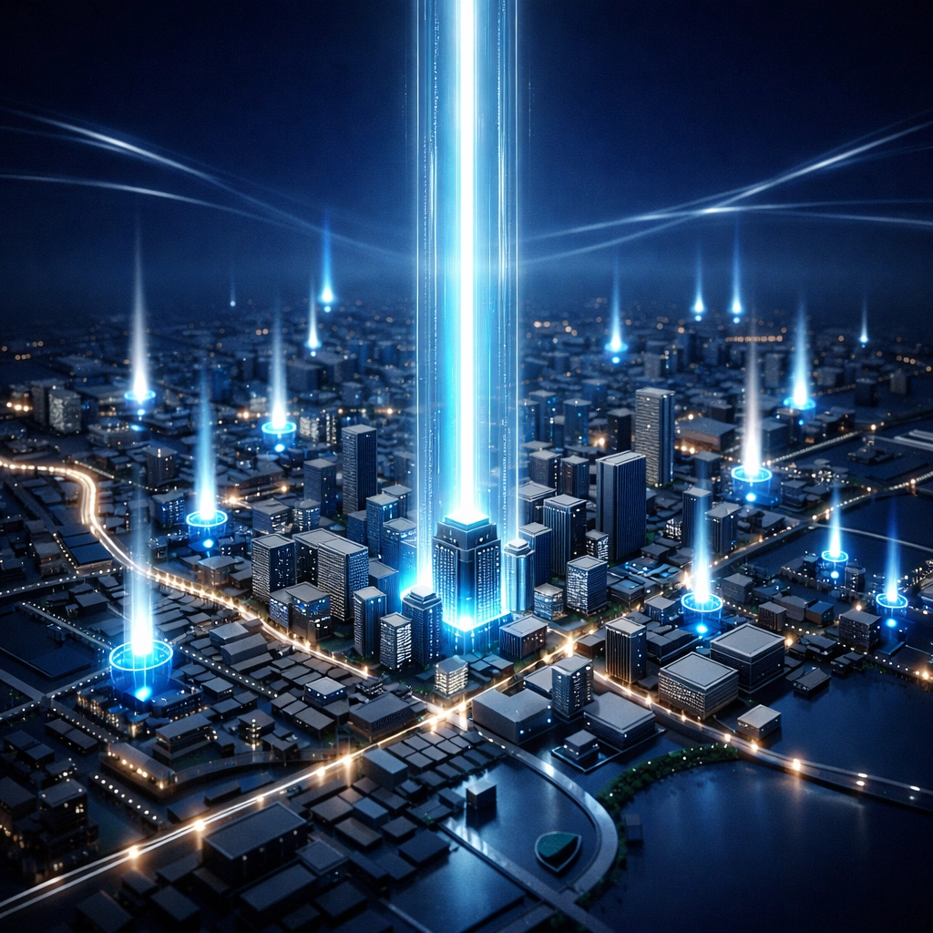 Digital city map with highlighted nodes representing AI-powered local search discovery.