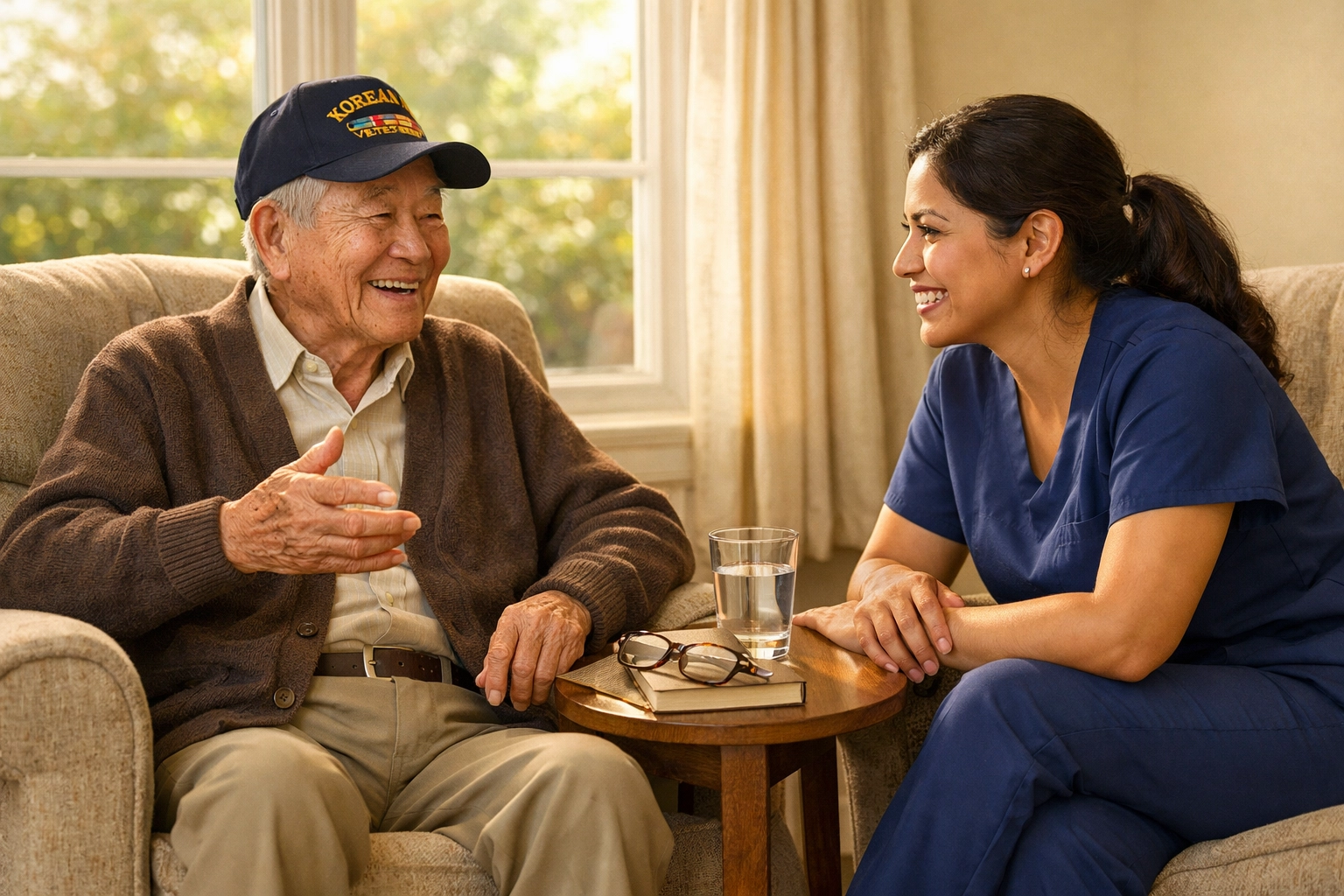 Senior veteran receiving companionship care from professional caregiver at home