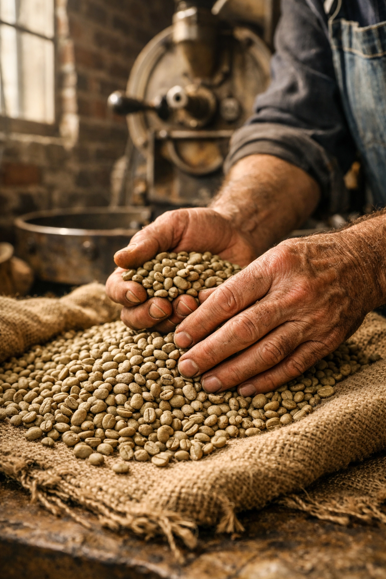 Coffee roaster's hands sifting green beans in an industrial roastery, representing the grit of the Relentless era.