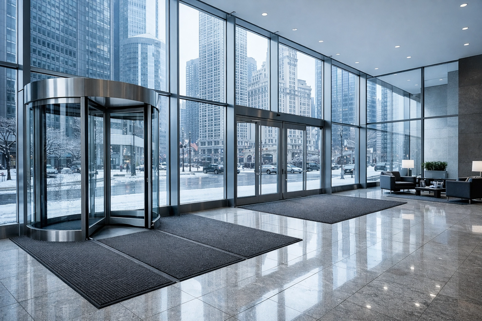 Clean Chicago office lobby entryway with salt-free stone floors and professional maintenance.