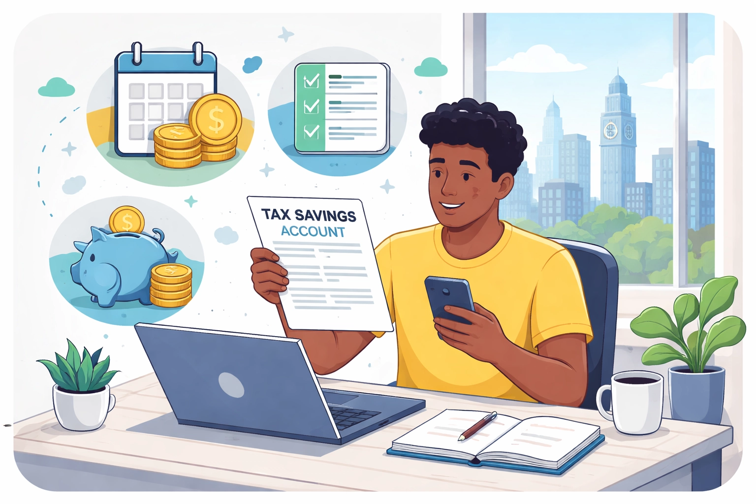 Gig worker at desk managing tax savings, highlighting importance of setting aside funds for 1099 income taxes in New Haven