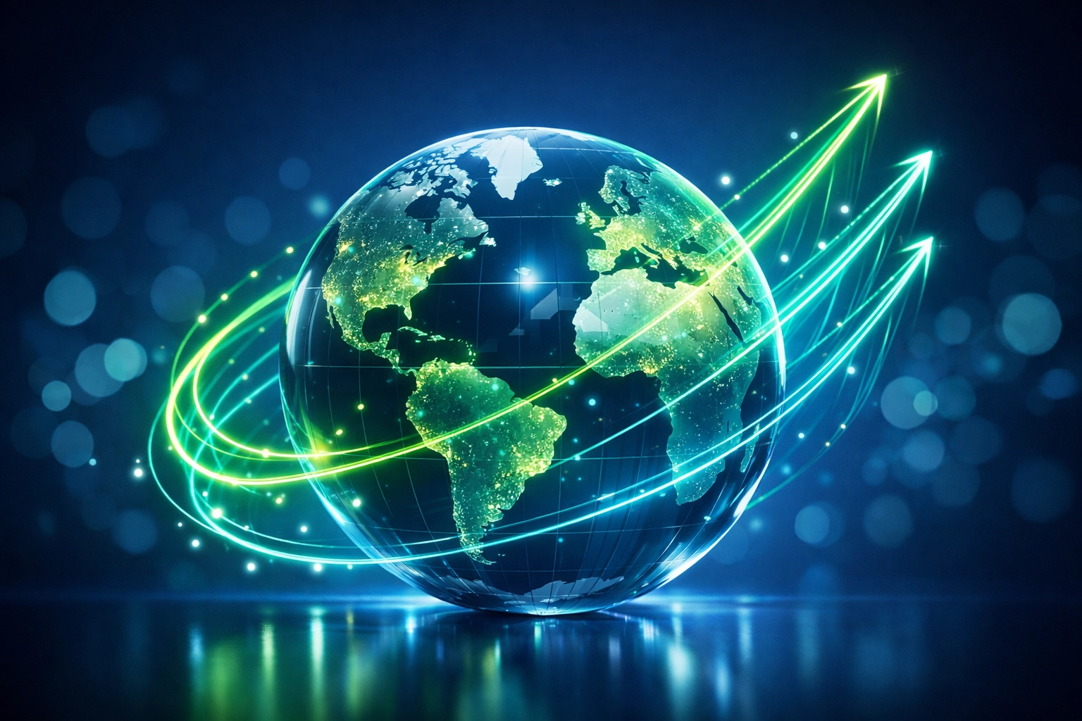 A glowing globe with upward trends symbolizing global economic recovery and market stability.