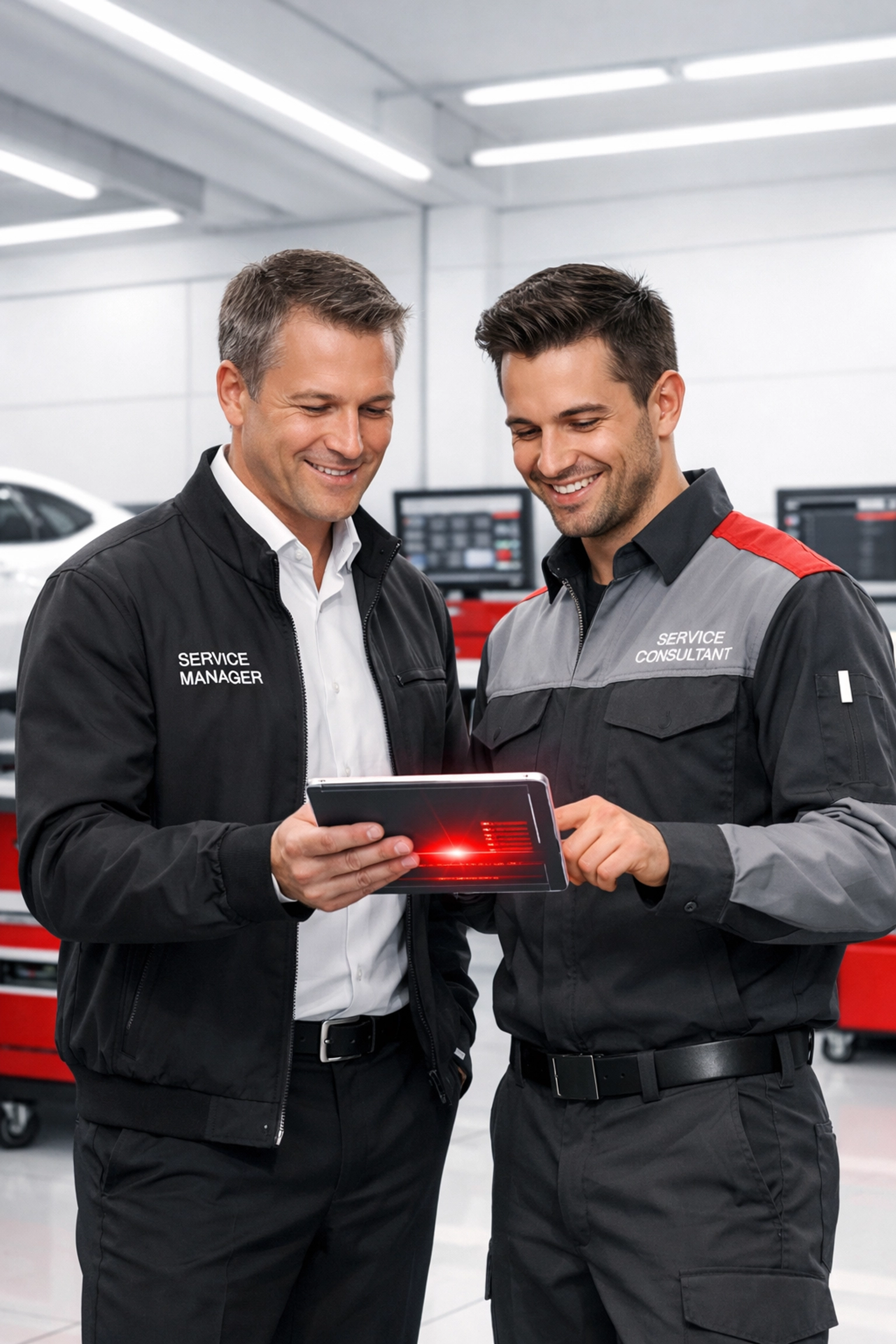 Automotive professionals using a tablet to manage service scheduling and dealer recall revenue.