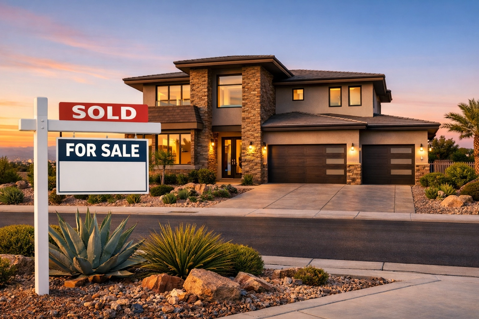 Sold luxury home in Mountains Edge Las Vegas with desert landscaping and Strip views