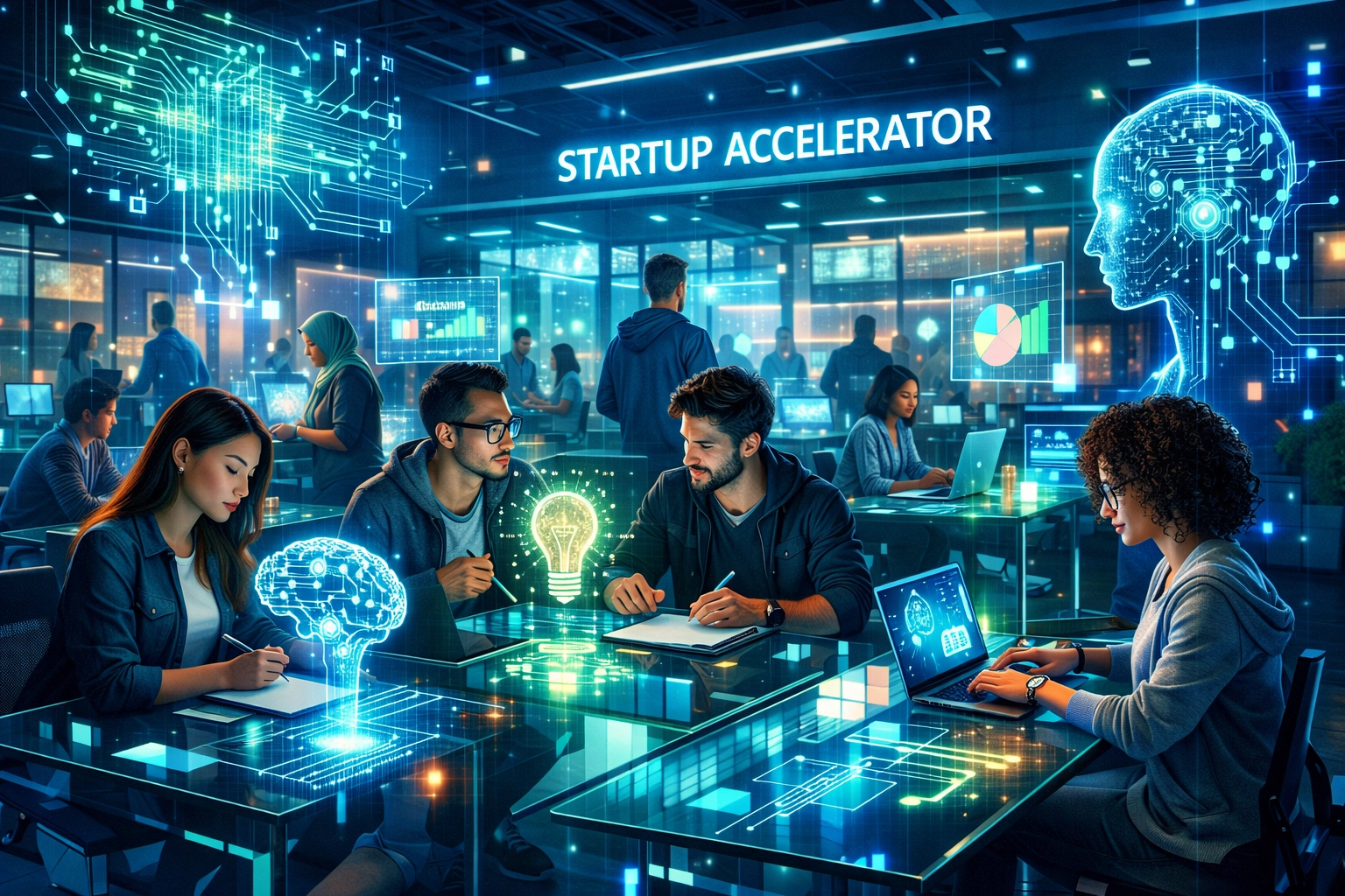 Entrepreneurs brainstorming at a startup accelerator, highlighting venture capital innovation and growth