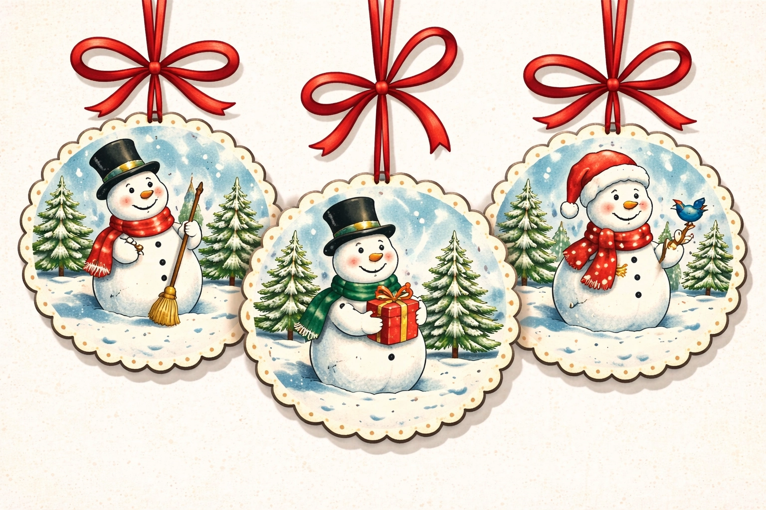 Three circular Christmas ornaments made from recycled holiday cards, hanging with red ribbons