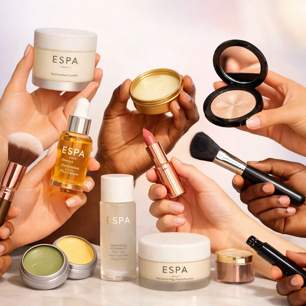 Hands discovering luxury beauty products including ESPA skincare and premium brands